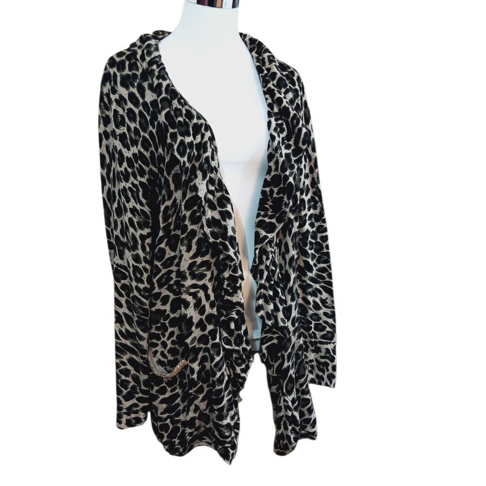 INC Open Cardigan‎ Plus 1X Ruffle Animal Print Green Black Pockets Career Office
